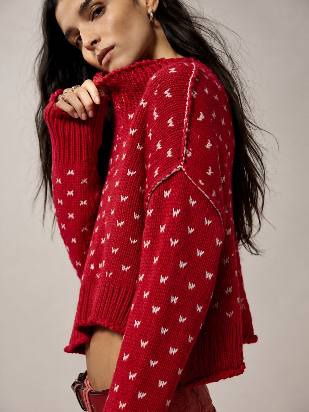 Free People Red & White Oversized Cropped Knit Sweater M